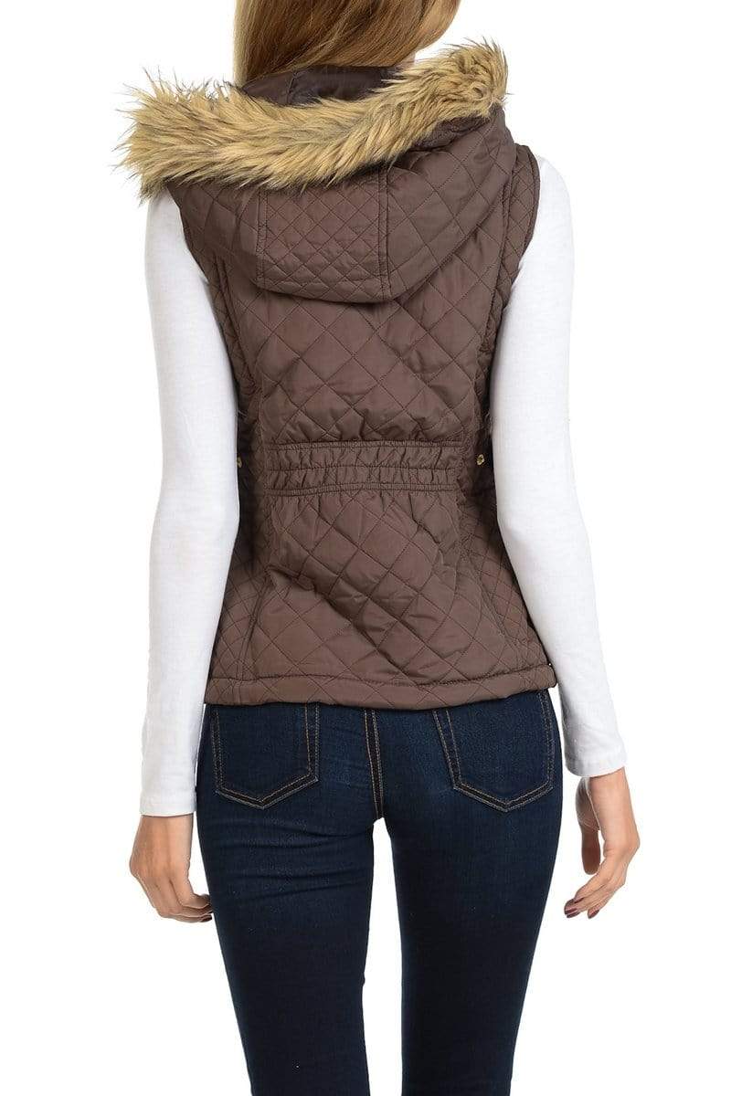 Auliné Collection Apparel Auliné Collection Womens Quilted Zip Up Lightweight Fur Hooded Padding Vest