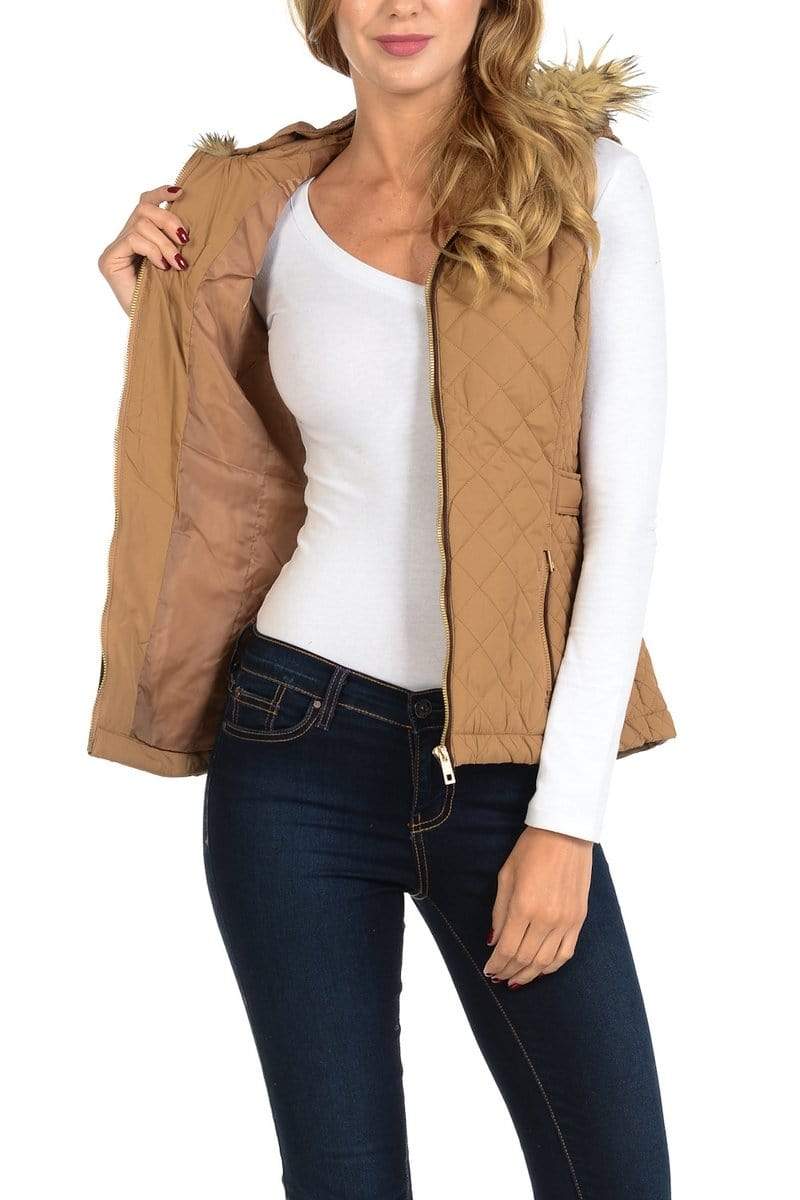 Auliné Collection Apparel Auliné Collection Womens Quilted Zip Up Lightweight Fur Hooded Padding Vest