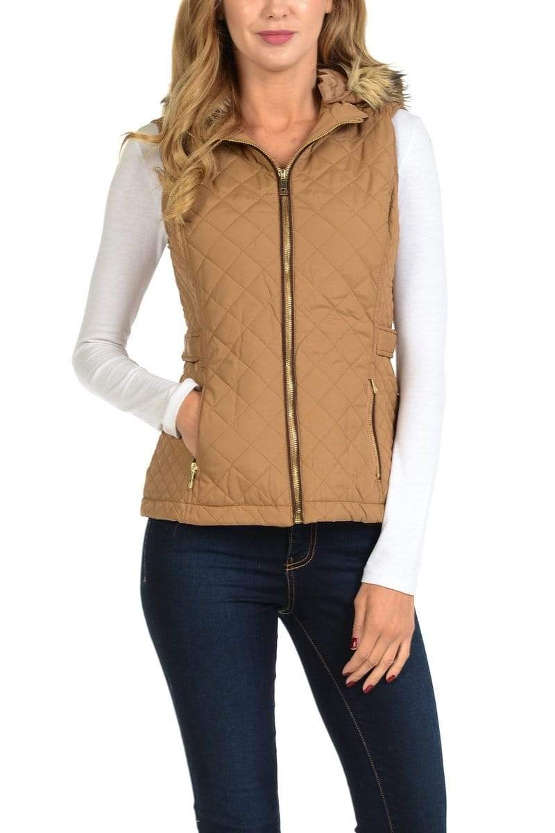 Auliné Collection Apparel Auliné Collection Womens Quilted Zip Up Lightweight Fur Hooded Padding Vest