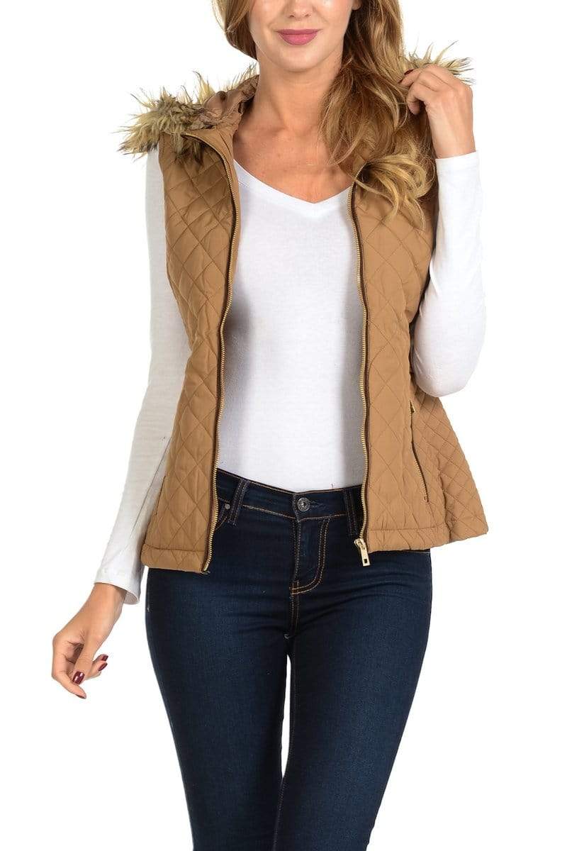 Auliné Collection Apparel Auliné Collection Womens Quilted Zip Up Lightweight Fur Hooded Padding Vest