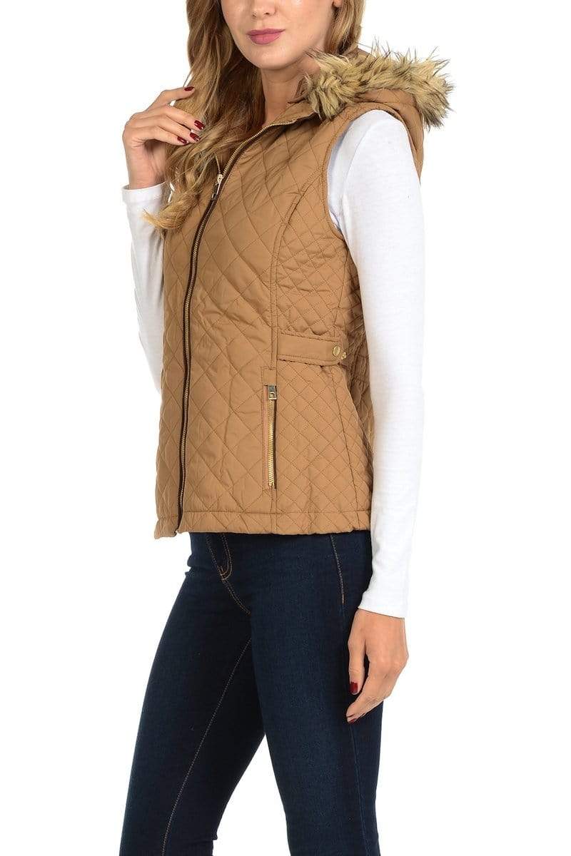 Auliné Collection Apparel Auliné Collection Womens Quilted Zip Up Lightweight Fur Hooded Padding Vest