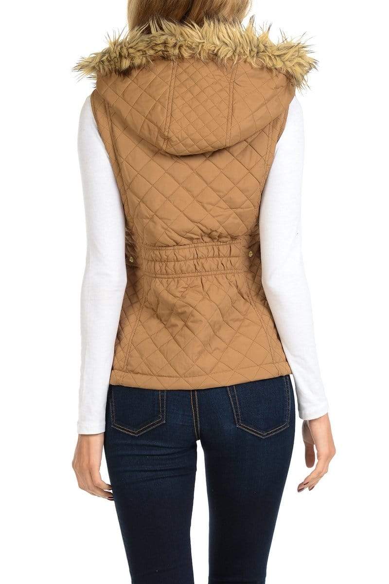 Auliné Collection Apparel Auliné Collection Womens Quilted Zip Up Lightweight Fur Hooded Padding Vest