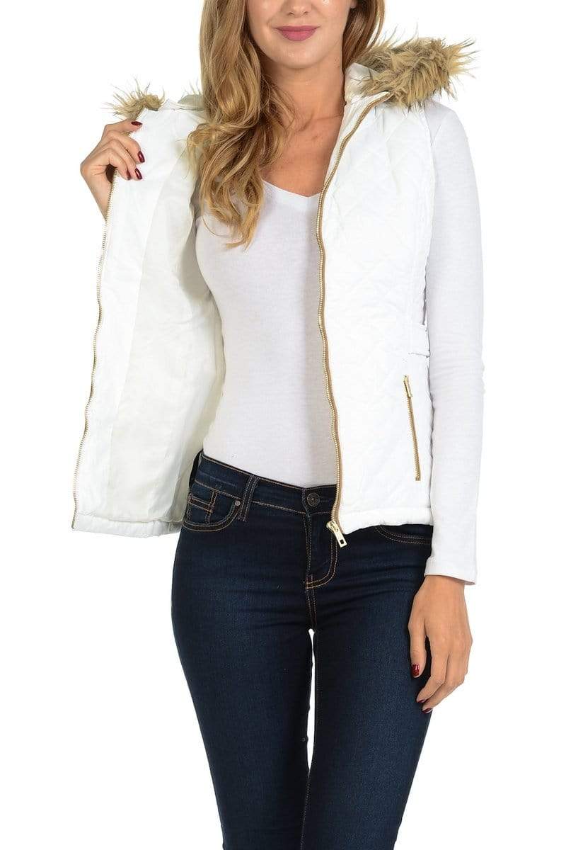 Auliné Collection Apparel Auliné Collection Womens Quilted Zip Up Lightweight Fur Hooded Padding Vest