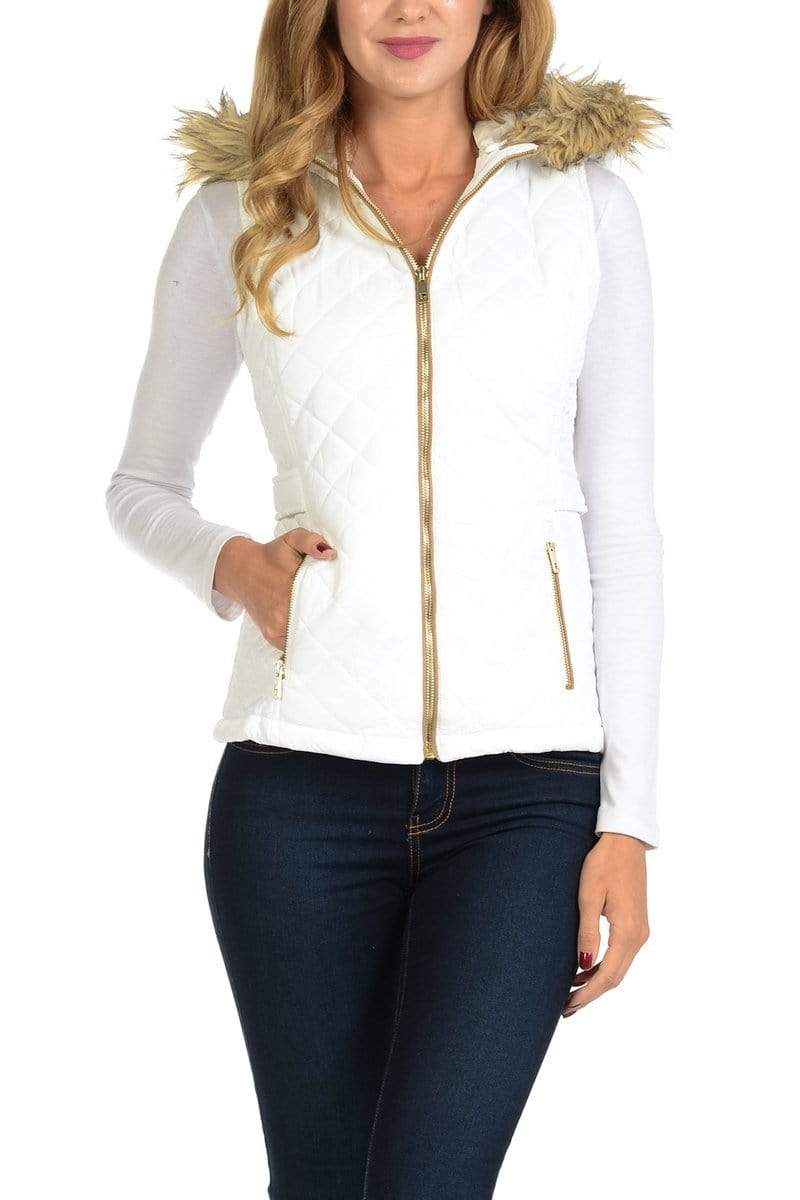 Auliné Collection Apparel Auliné Collection Womens Quilted Zip Up Lightweight Fur Hooded Padding Vest