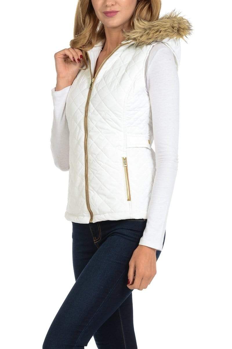 Auliné Collection Apparel Auliné Collection Womens Quilted Zip Up Lightweight Fur Hooded Padding Vest