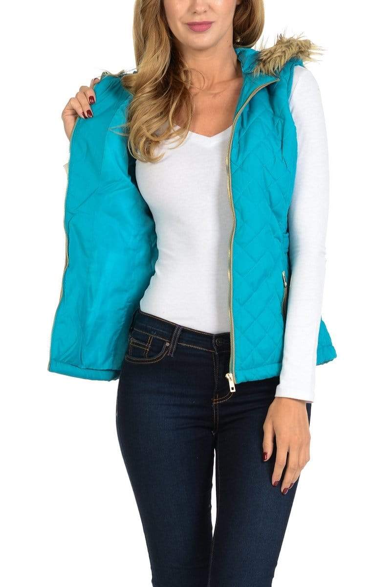 Auliné Collection Apparel Auliné Collection Womens Quilted Zip Up Lightweight Fur Hooded Padding Vest