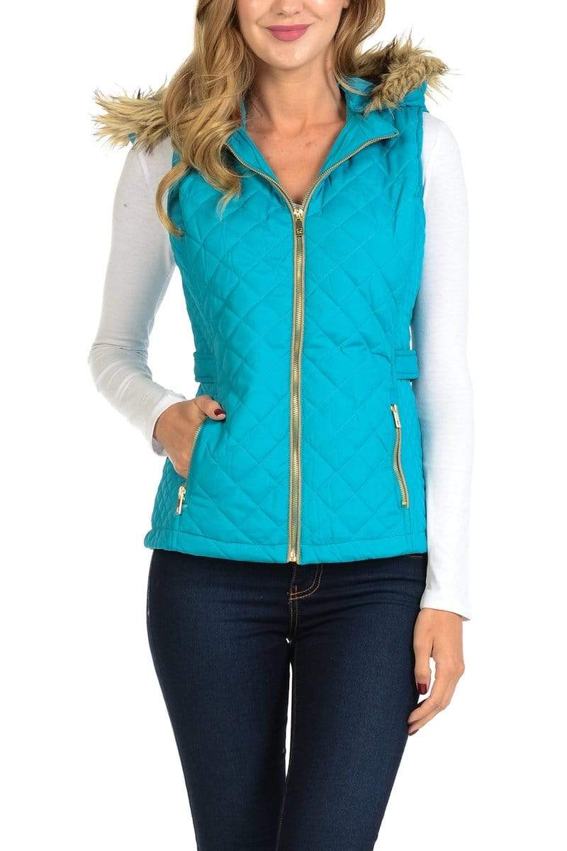 Auliné Collection Apparel Auliné Collection Womens Quilted Zip Up Lightweight Fur Hooded Padding Vest