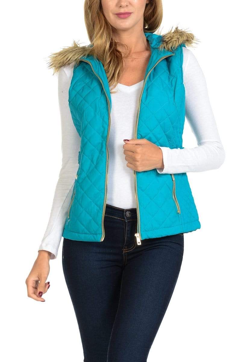 Auliné Collection Apparel Auliné Collection Womens Quilted Zip Up Lightweight Fur Hooded Padding Vest