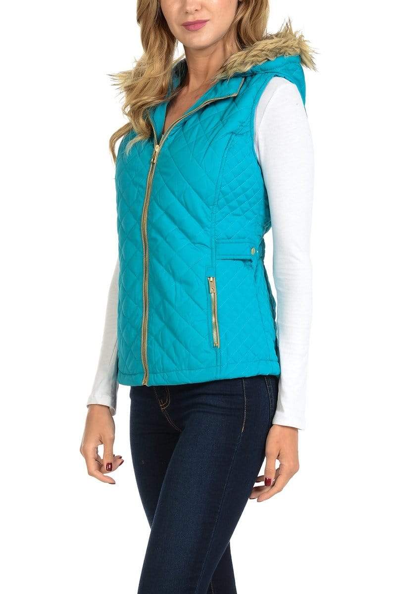 Auliné Collection Apparel Auliné Collection Womens Quilted Zip Up Lightweight Fur Hooded Padding Vest