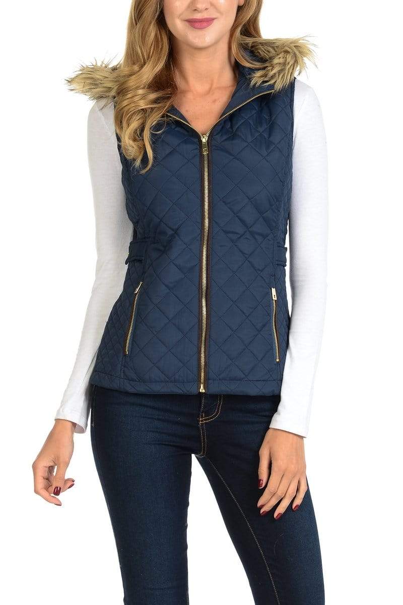 Auliné Collection Apparel Auliné Collection Womens Quilted Zip Up Lightweight Fur Hooded Padding Vest