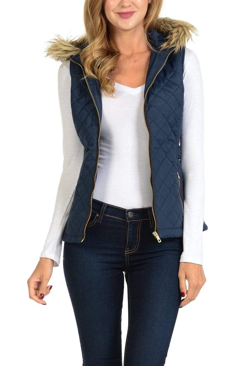 Auliné Collection Apparel Auliné Collection Womens Quilted Zip Up Lightweight Fur Hooded Padding Vest