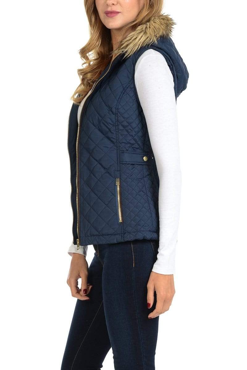Auliné Collection Apparel Auliné Collection Womens Quilted Zip Up Lightweight Fur Hooded Padding Vest