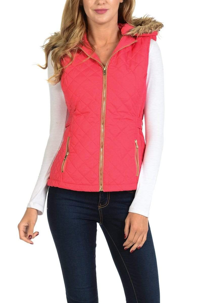 Auliné Collection Apparel Auliné Collection Womens Quilted Zip Up Lightweight Fur Hooded Padding Vest