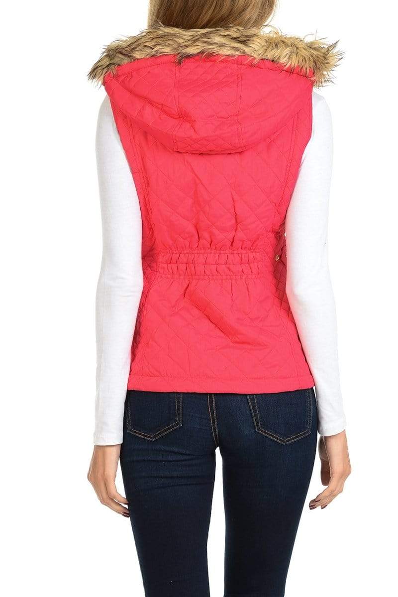 Auliné Collection Apparel Auliné Collection Womens Quilted Zip Up Lightweight Fur Hooded Padding Vest