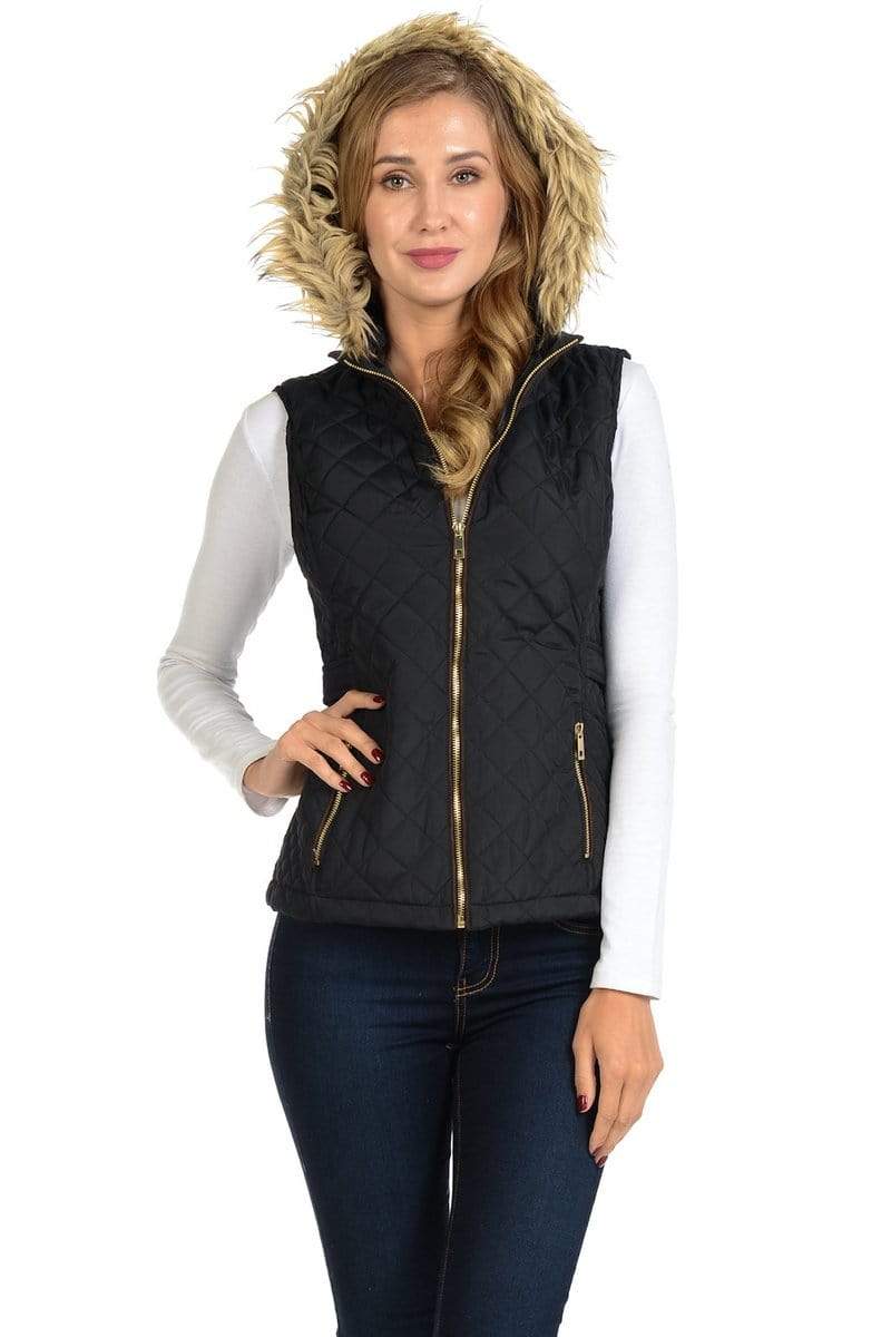 Auliné Collection Apparel ZP Black / Small Auliné Collection Womens Quilted Zip Up Lightweight Fur Hooded Padding Vest