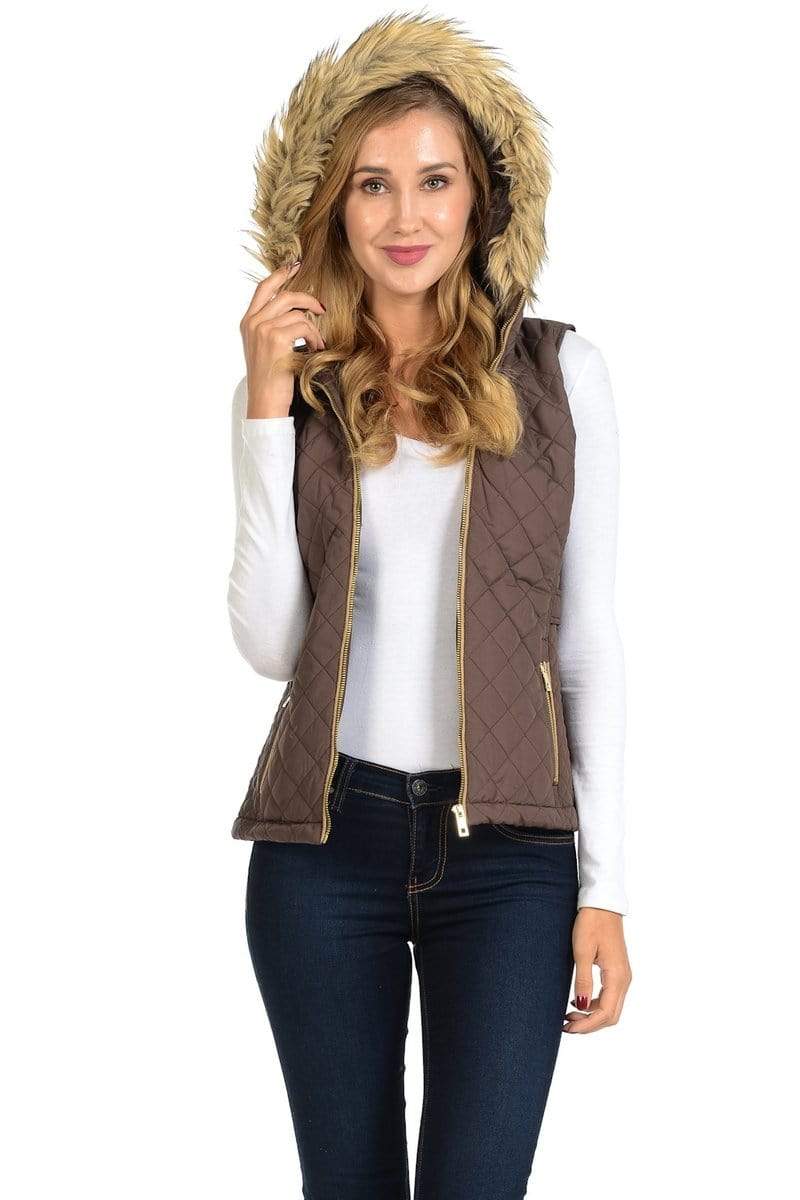 Auliné Collection Apparel ZP Brown / Small Auliné Collection Womens Quilted Zip Up Lightweight Fur Hooded Padding Vest