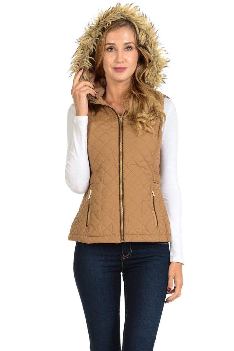 Auliné Collection Apparel ZP Camel / Small Auliné Collection Womens Quilted Zip Up Lightweight Fur Hooded Padding Vest