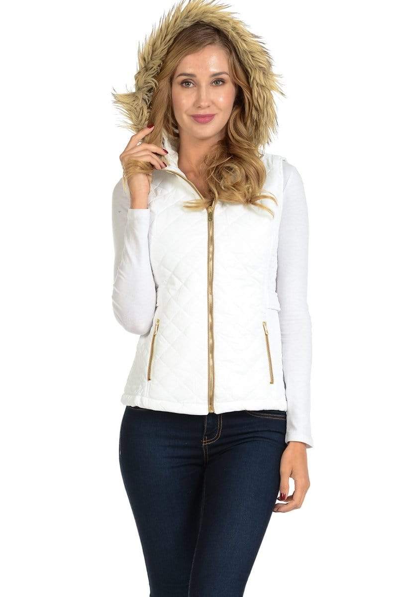 Auliné Collection Apparel ZP Cream / Small Auliné Collection Womens Quilted Zip Up Lightweight Fur Hooded Padding Vest