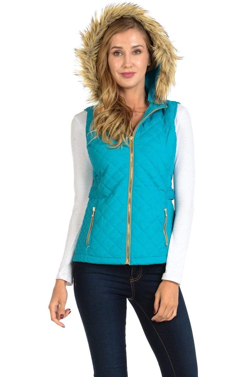 Auliné Collection Apparel ZP Emerald / Small Auliné Collection Womens Quilted Zip Up Lightweight Fur Hooded Padding Vest