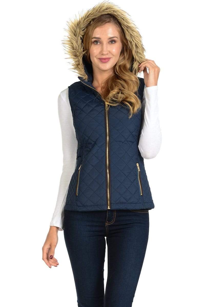 Auliné Collection Apparel ZP Navy / Small Auliné Collection Womens Quilted Zip Up Lightweight Fur Hooded Padding Vest