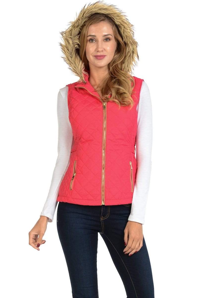Auliné Collection Apparel ZP Rose / Small Auliné Collection Womens Quilted Zip Up Lightweight Fur Hooded Padding Vest