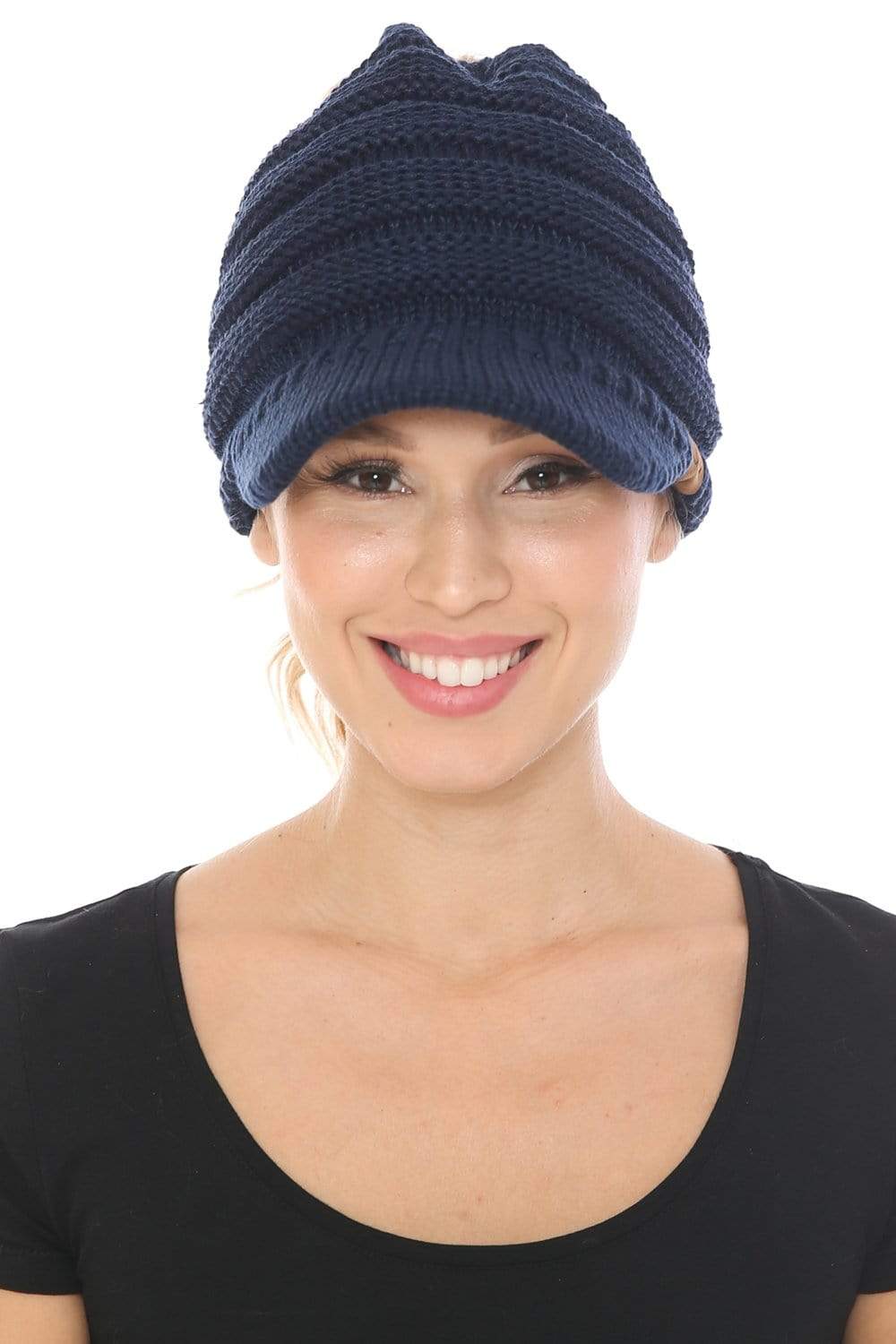 C.C Apparel C.C BeanieTail Warm Knit Messy High Bun Ponytail Visor Beanie Cap