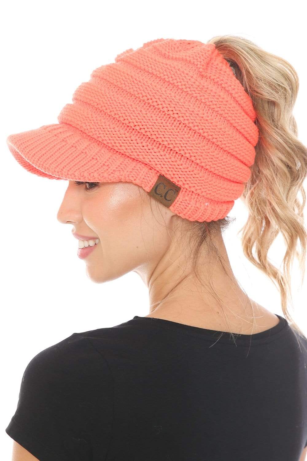 C.C Apparel C.C BeanieTail Warm Knit Messy High Bun Ponytail Visor Beanie Cap