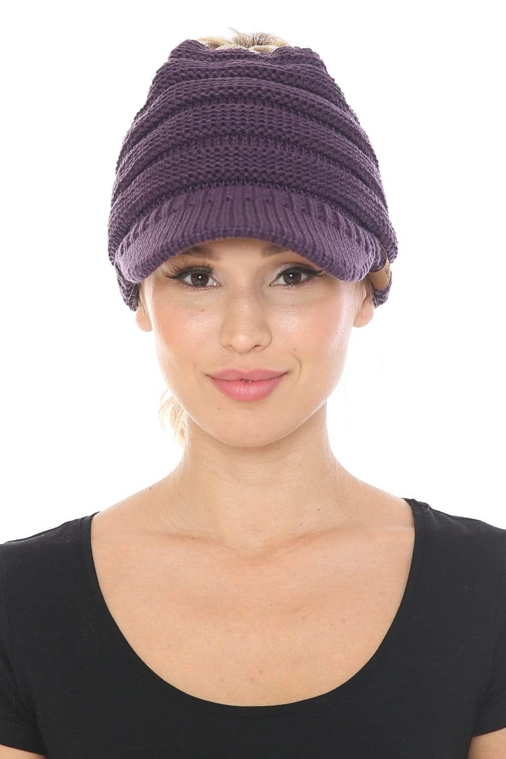 C.C Apparel C.C BeanieTail Warm Knit Messy High Bun Ponytail Visor Beanie Cap