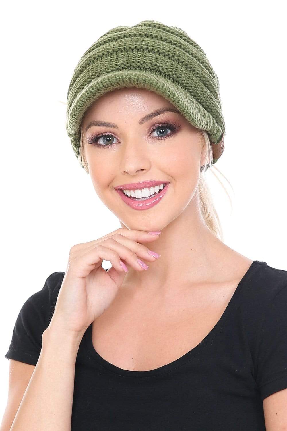 C.C Apparel C.C BeanieTail Warm Knit Messy High Bun Ponytail Visor Beanie Cap