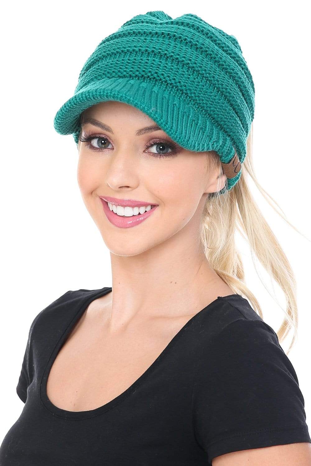 C.C Apparel C.C BeanieTail Warm Knit Messy High Bun Ponytail Visor Beanie Cap
