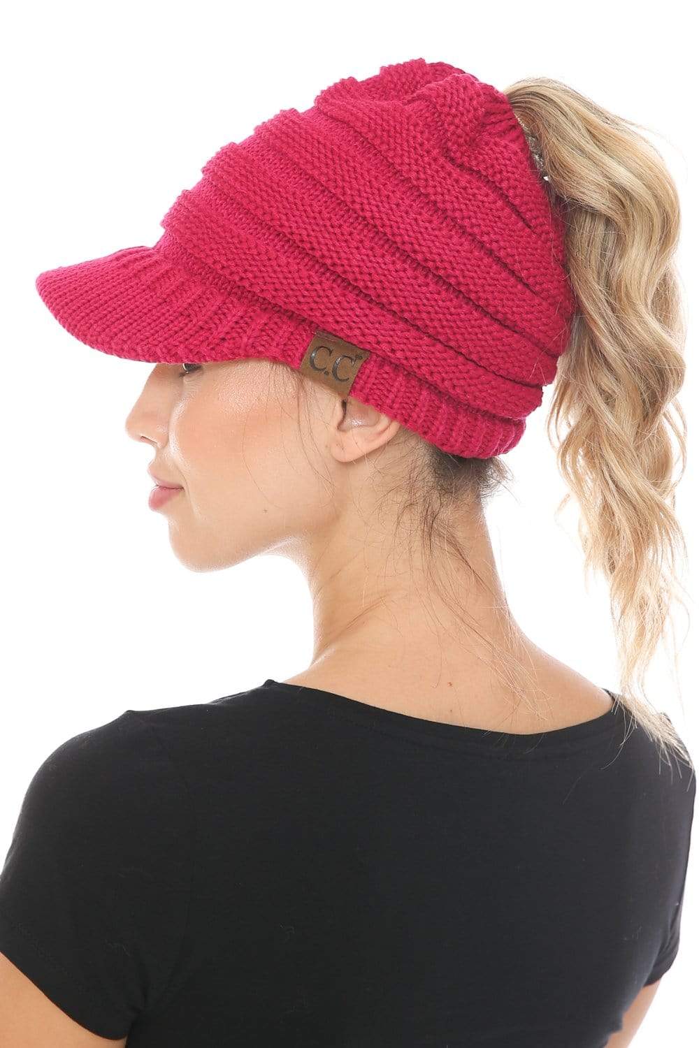 C.C Apparel C.C BeanieTail Warm Knit Messy High Bun Ponytail Visor Beanie Cap