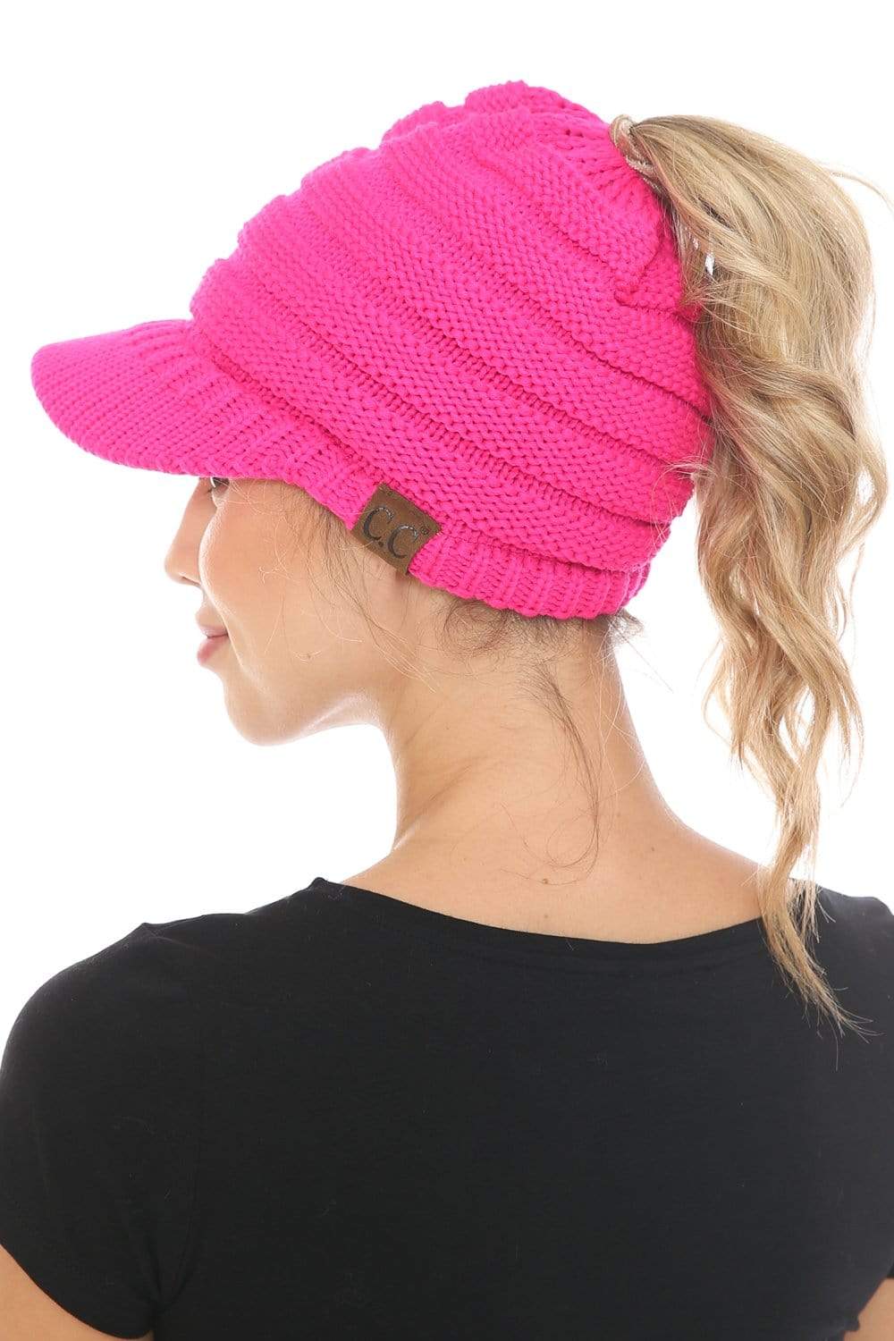 C.C Apparel C.C BeanieTail Warm Knit Messy High Bun Ponytail Visor Beanie Cap