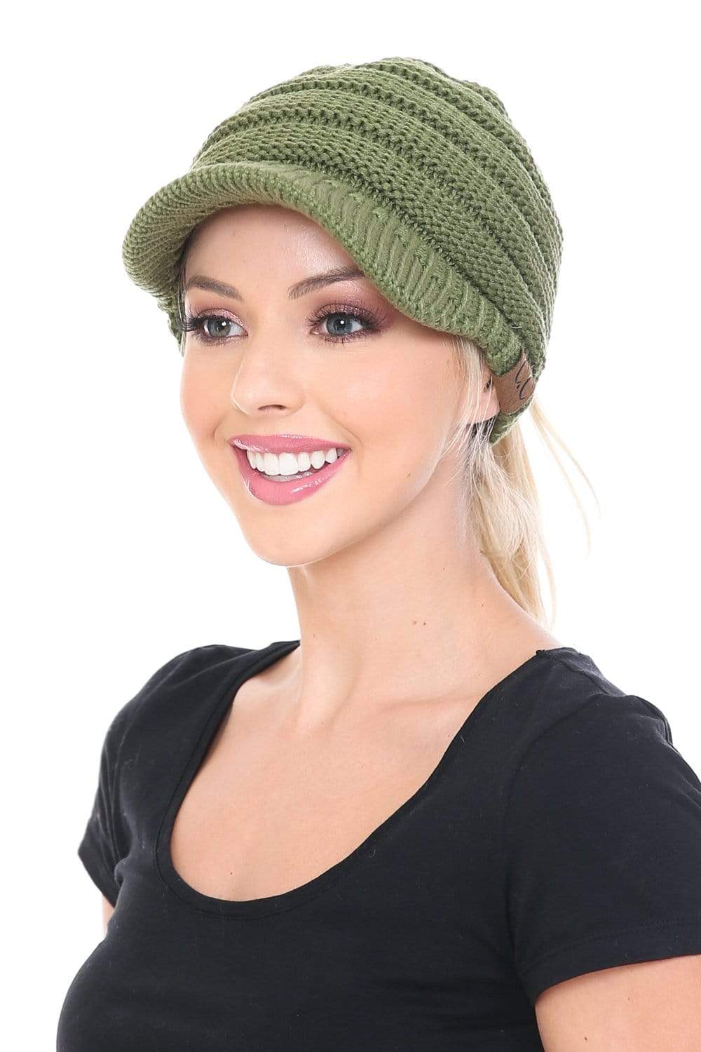 C.C Apparel C.C BeanieTail Warm Knit Messy High Bun Ponytail Visor Beanie Cap