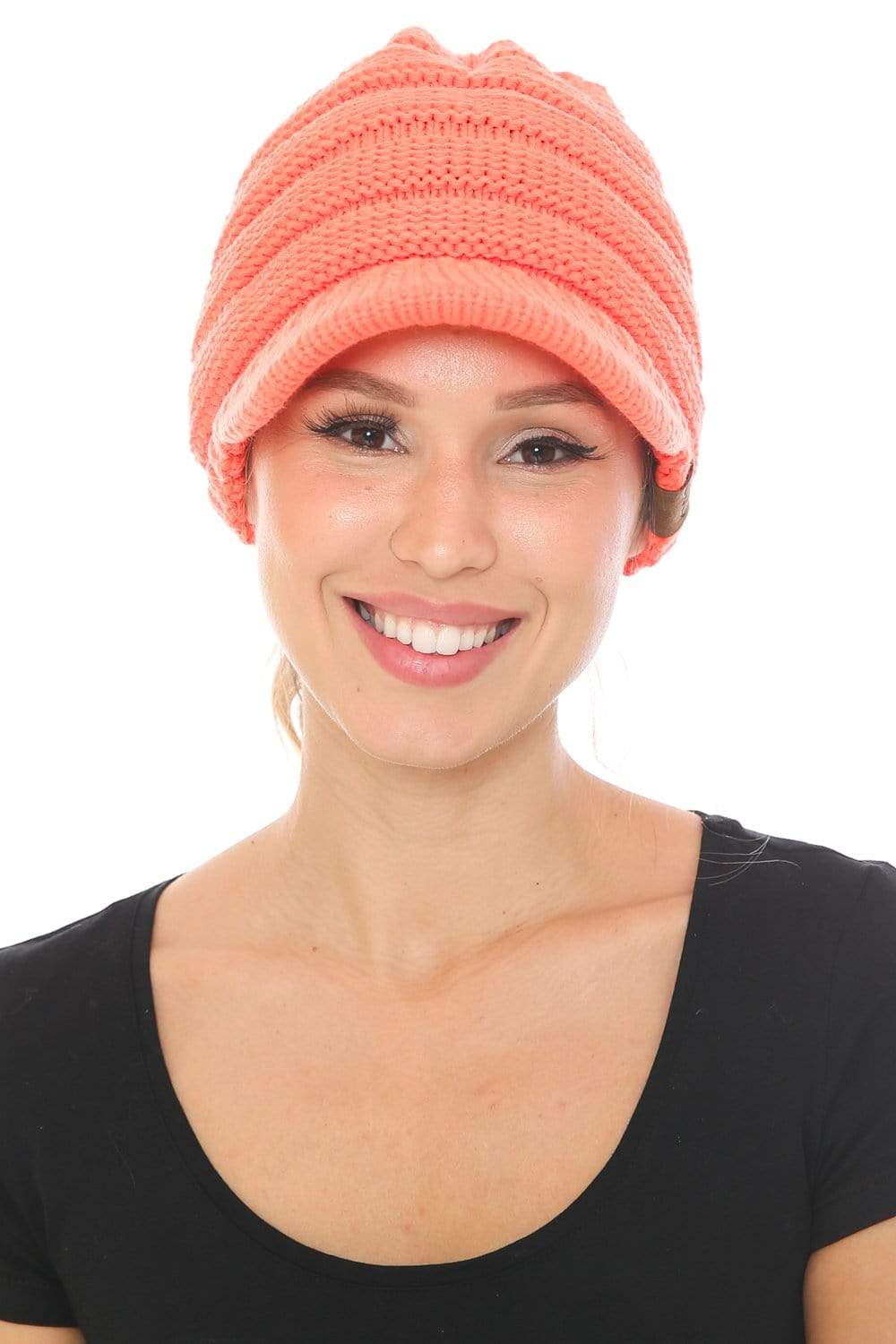 C.C Apparel C.C BeanieTail Warm Knit Messy High Bun Ponytail Visor Beanie Cap