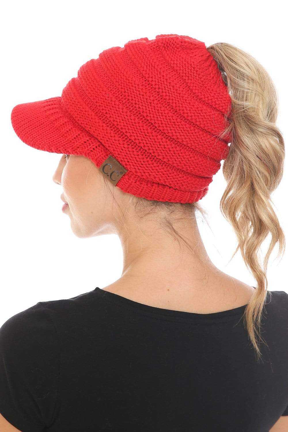 C.C Apparel C.C BeanieTail Warm Knit Messy High Bun Ponytail Visor Beanie Cap