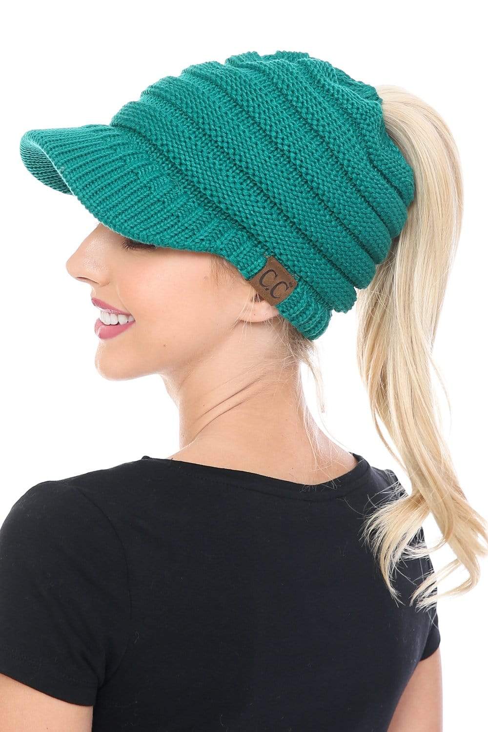 C.C Apparel C.C BeanieTail Warm Knit Messy High Bun Ponytail Visor Beanie Cap