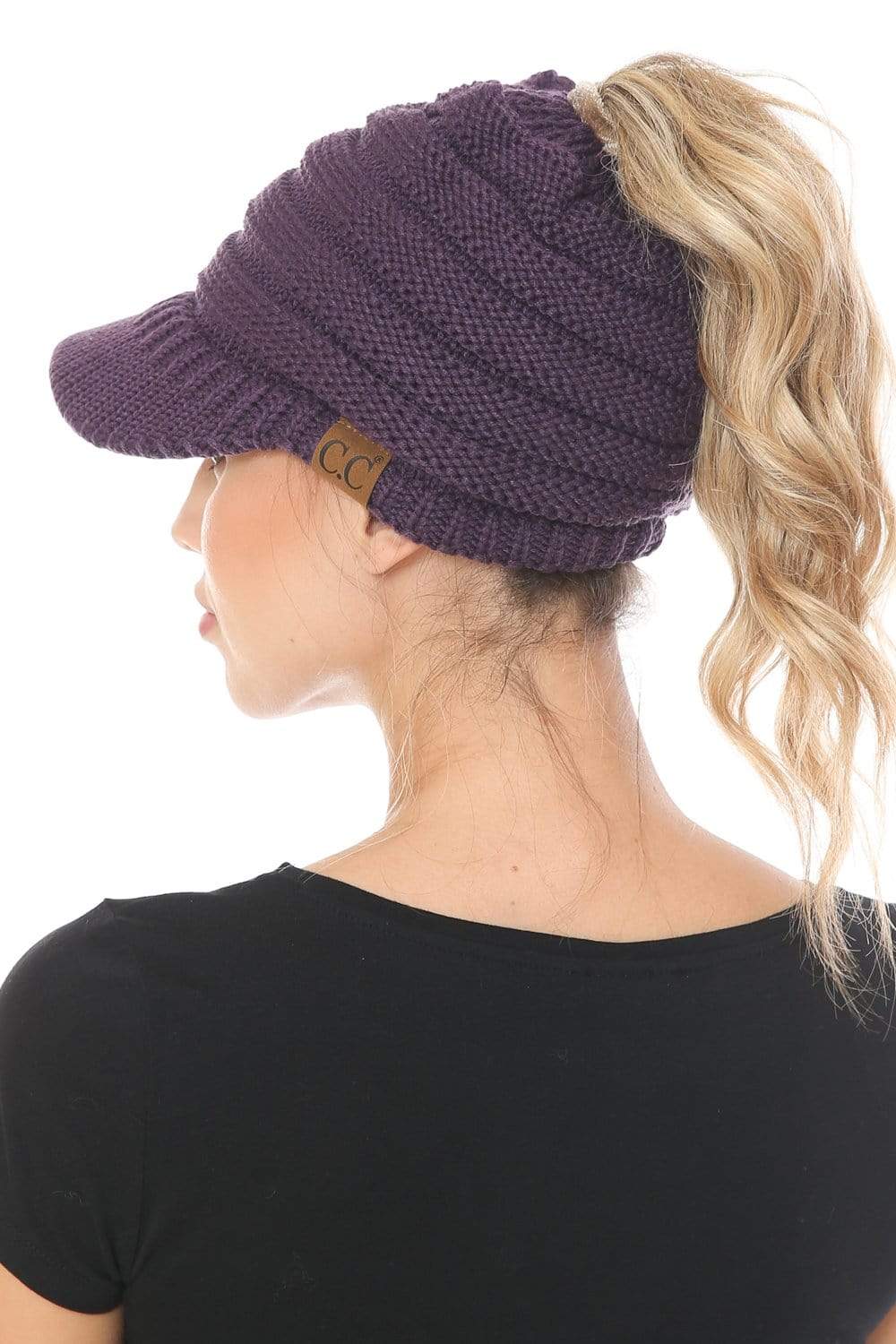 C.C Apparel C.C BeanieTail Warm Knit Messy High Bun Ponytail Visor Beanie Cap