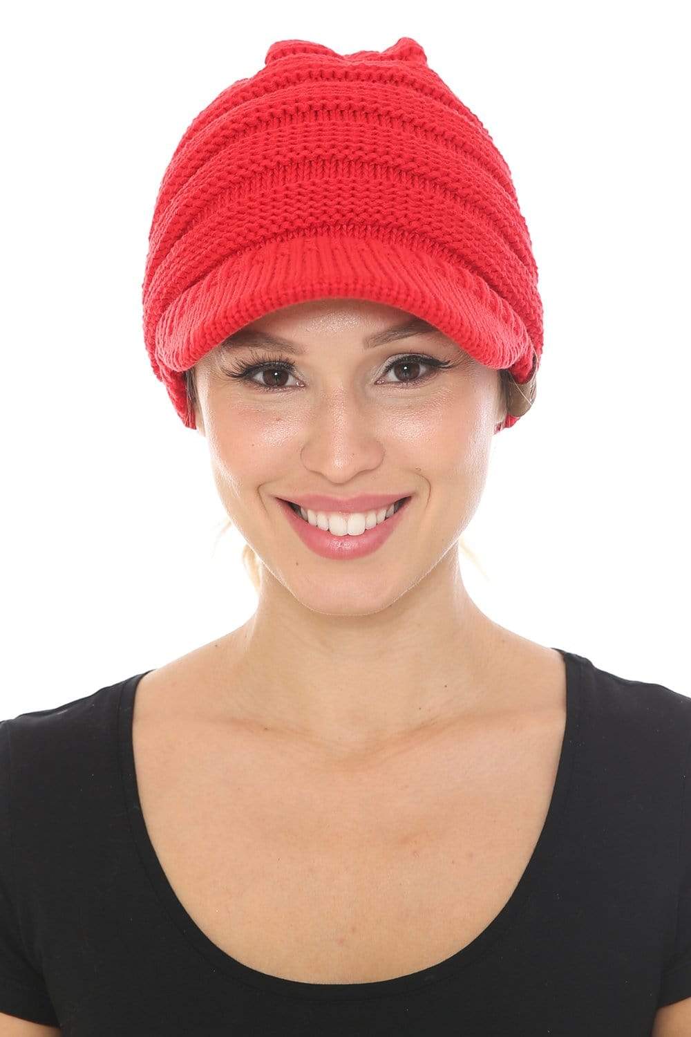 C.C Apparel C.C BeanieTail Warm Knit Messy High Bun Ponytail Visor Beanie Cap