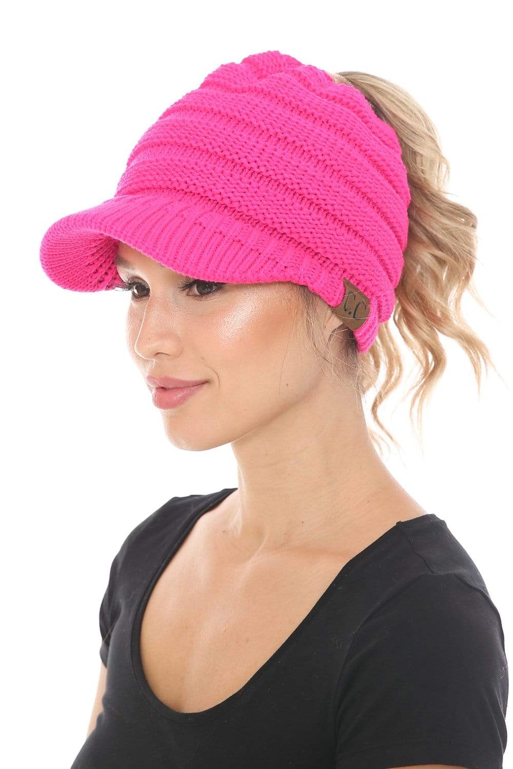 C.C Apparel C.C BeanieTail Warm Knit Messy High Bun Ponytail Visor Beanie Cap