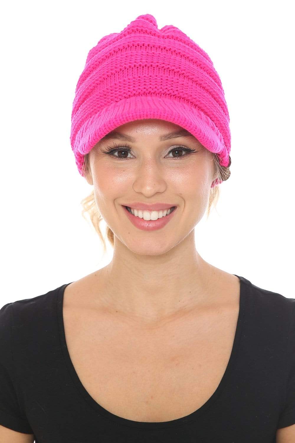 C.C Apparel C.C BeanieTail Warm Knit Messy High Bun Ponytail Visor Beanie Cap