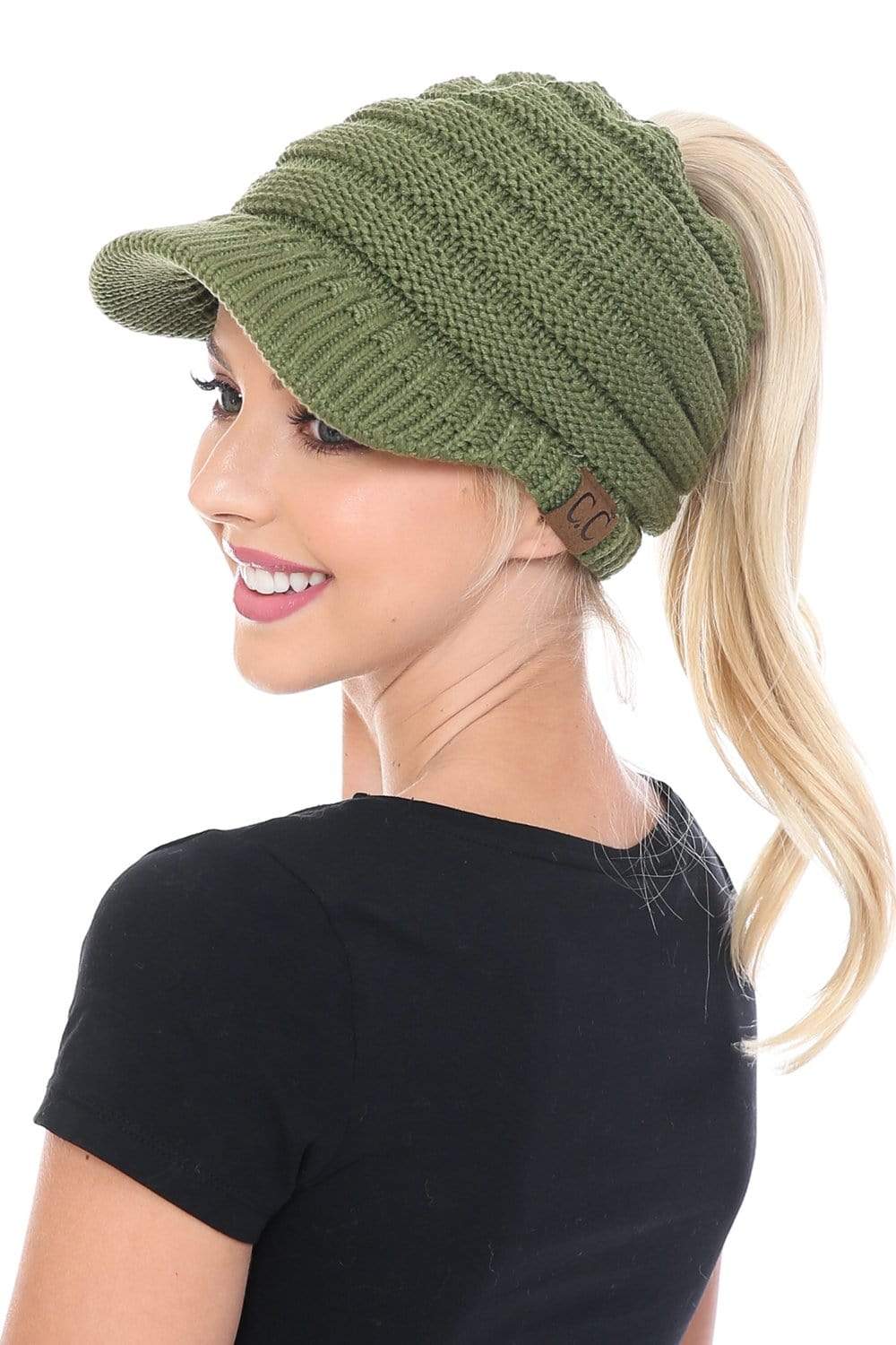 C.C Apparel C.C BeanieTail Warm Knit Messy High Bun Ponytail Visor Beanie Cap
