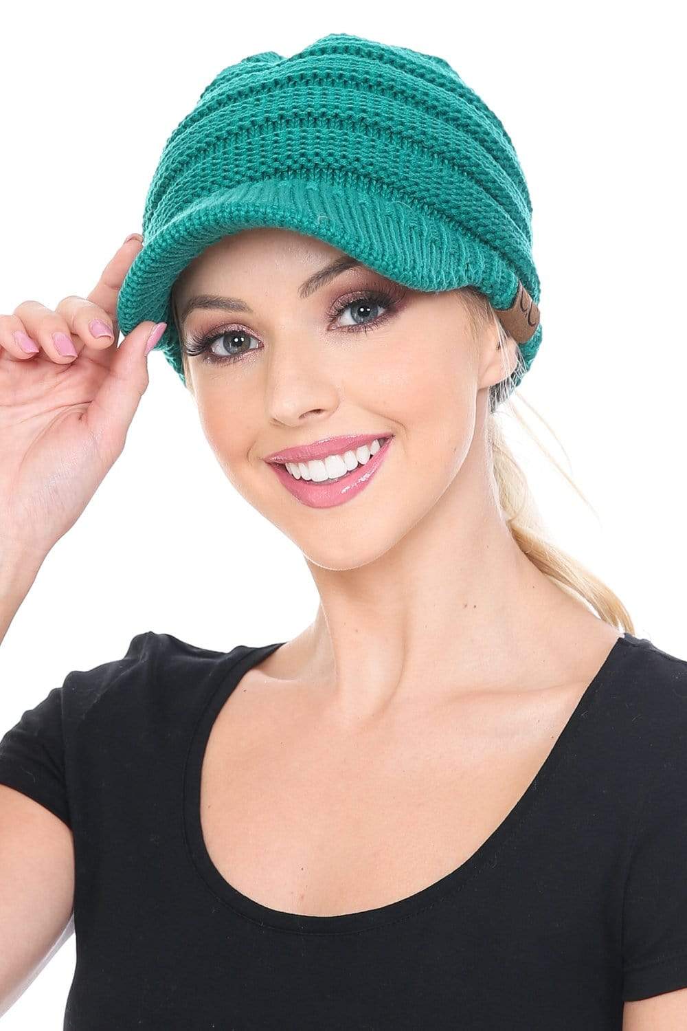 C.C Apparel C.C BeanieTail Warm Knit Messy High Bun Ponytail Visor Beanie Cap