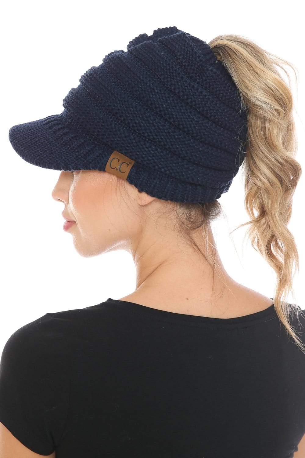 C.C Apparel C.C BeanieTail Warm Knit Messy High Bun Ponytail Visor Beanie Cap