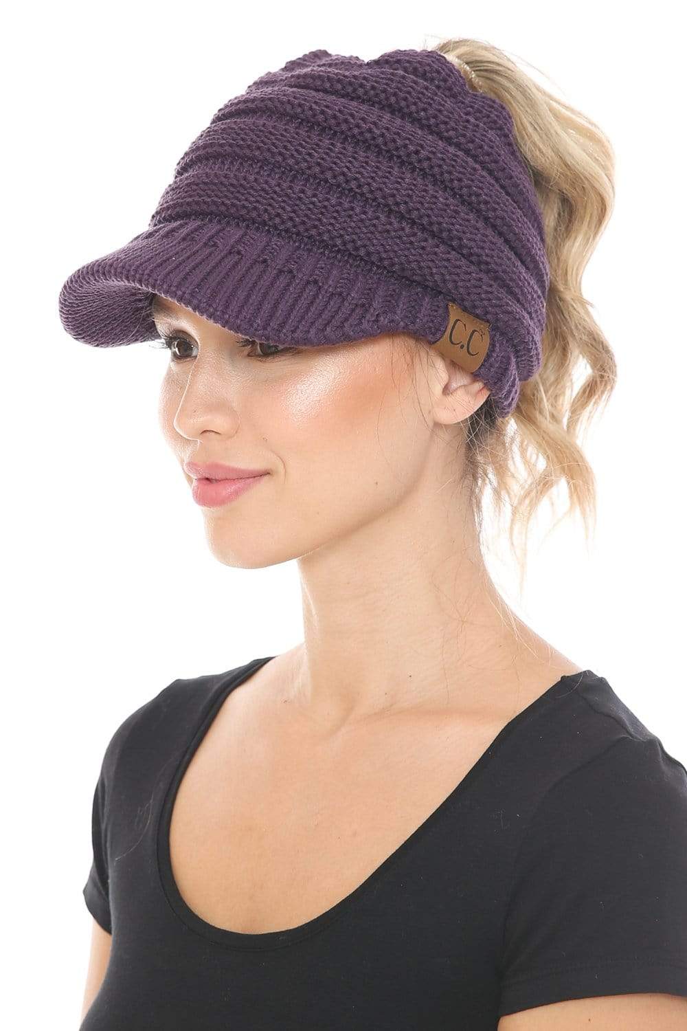 C.C Apparel Dark Purple C.C BeanieTail Warm Knit Messy High Bun Ponytail Visor Beanie Cap