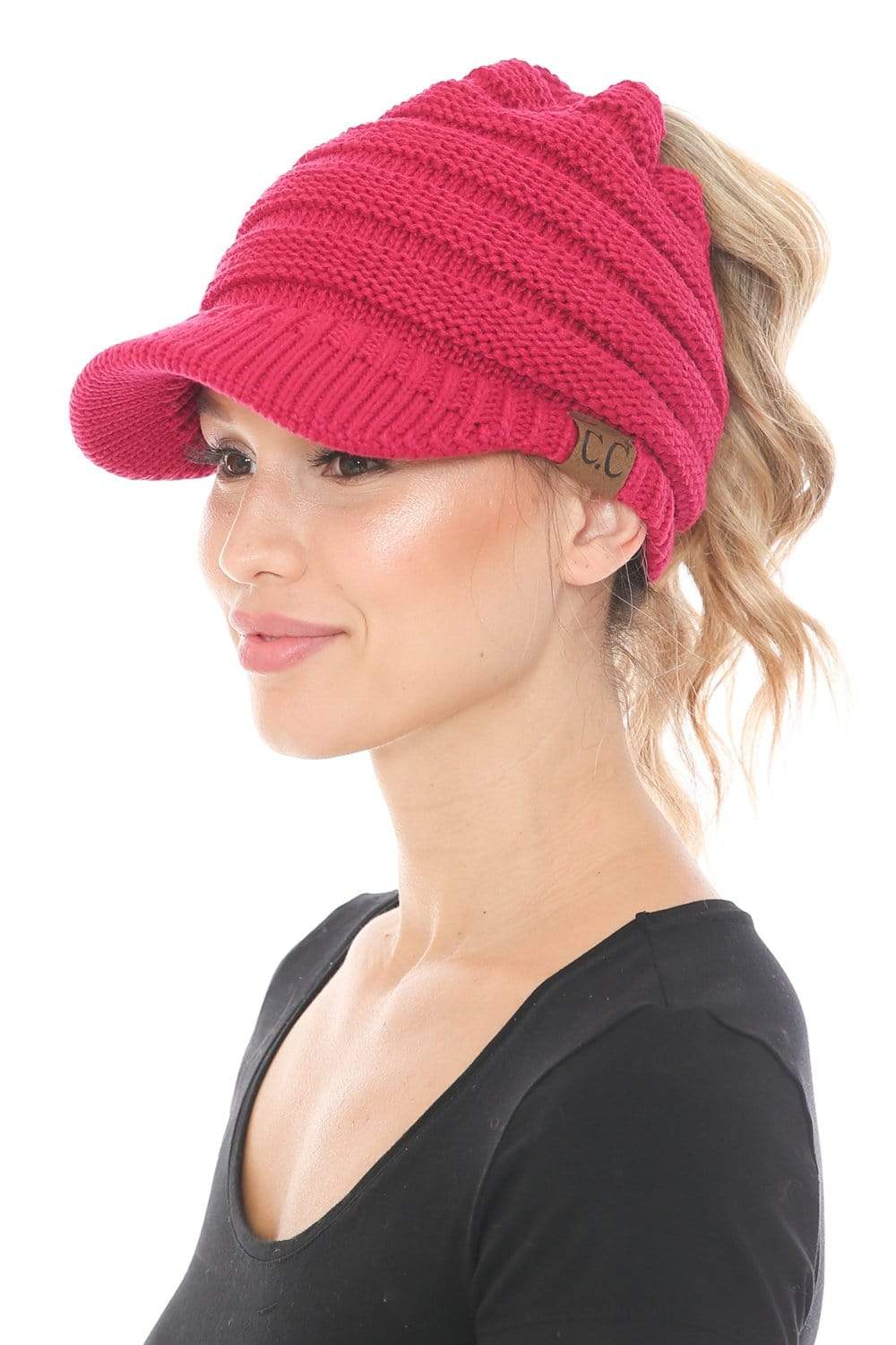 C.C Apparel Hot Pink C.C BeanieTail Warm Knit Messy High Bun Ponytail Visor Beanie Cap