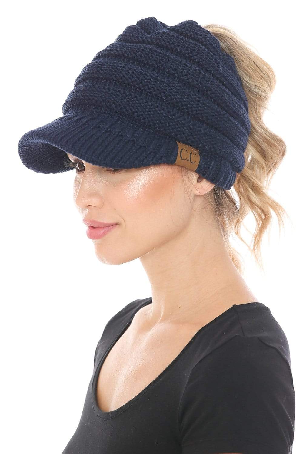 C.C Apparel Navy C.C BeanieTail Warm Knit Messy High Bun Ponytail Visor Beanie Cap