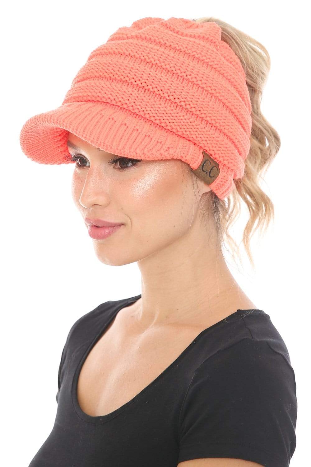 C.C Apparel Neon Orange C.C BeanieTail Warm Knit Messy High Bun Ponytail Visor Beanie Cap