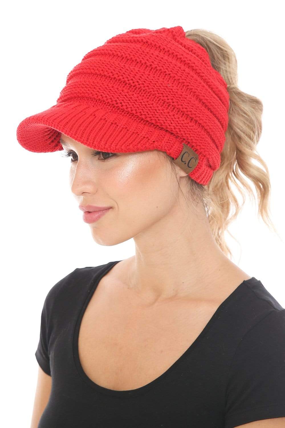C.C Apparel Red C.C BeanieTail Warm Knit Messy High Bun Ponytail Visor Beanie Cap