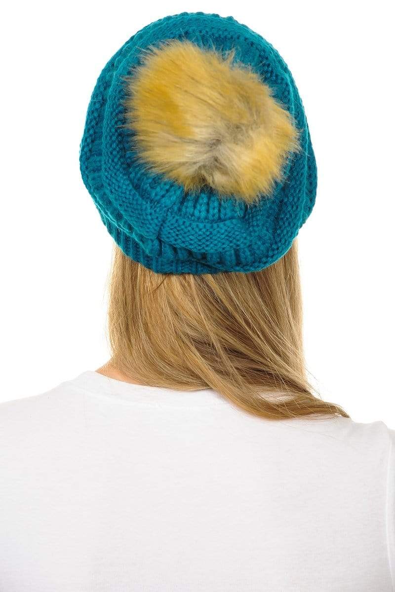C.C Apparel C.C Hat 43 - Slouchy Thick Warm Cap Hat Skully Faux Fur Pom Pom Cable Knit Beanie