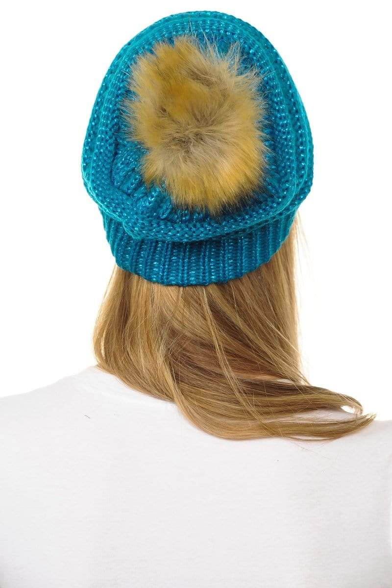 C.C Apparel C.C Hat 43M - Slouchy Thick Warm Cap Hat Skully Metallic Faux Fur Pom Pom Cable Knit Beanie